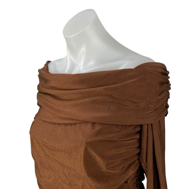 NEW Lulus Brown Ruched Draped Off the Shoulder Long Sleeve Mini Bodycon Dress XL