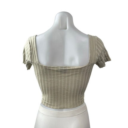 Princess Polly Beige Ribbed Knit Square Neck Short Sleeve Sculpt Crop Top Sz M/L