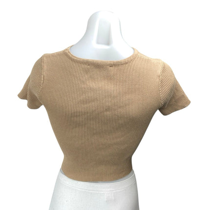Cider Womens Brown Tan Rib Knit Cutout Short Sleeve High Neck Crop Sweater Top S