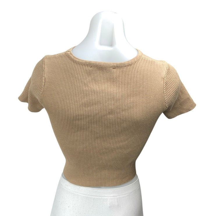 Cider Womens Brown Tan Rib Knit Cutout Short Sleeve High Neck Crop Sweater Top S