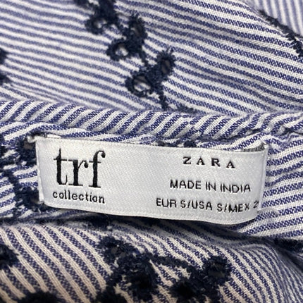 Zara Blue Floral Embroidered Striped Tassel Short Sleeve Babydoll Blouse Top S