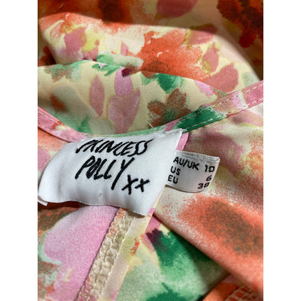 Princess Polly Coral Floral Long Sleeve Deep V Neck Plunge Blouse Crop Top Sz 6
