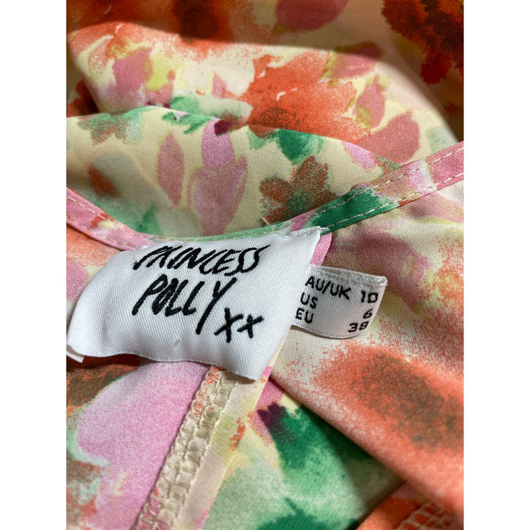 Princess Polly Coral Floral Long Sleeve Deep V Neck Plunge Blouse Crop Top Sz 6