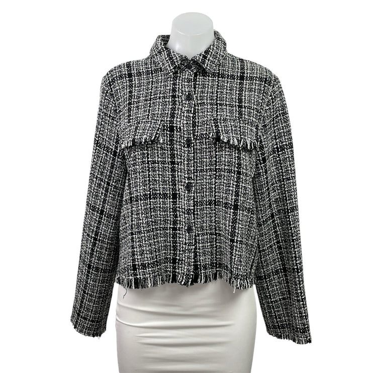 Lush Women's Black Tweed Plaid Long Sleeve Fringe Button Up Blazer Coat Jacket M