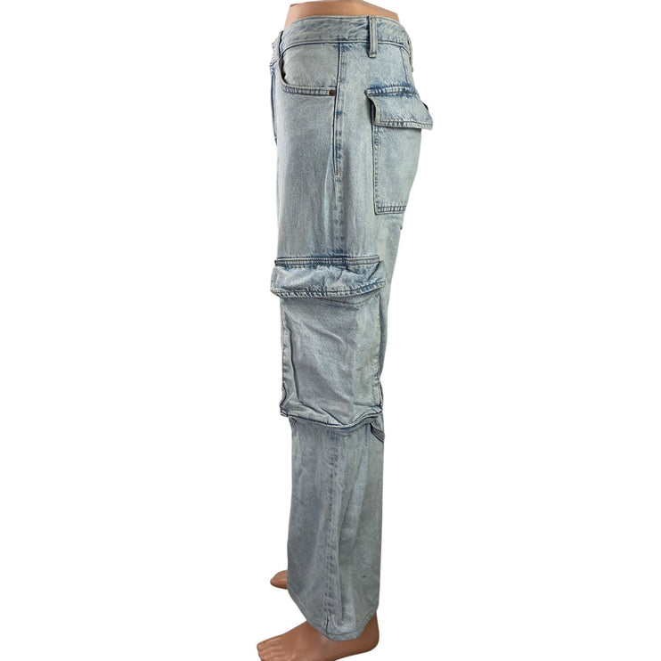 Zara Womens Blue Light Wash Mid Rise Wide Leg Baggy Cargo Denim Jeans Pants Sz 8