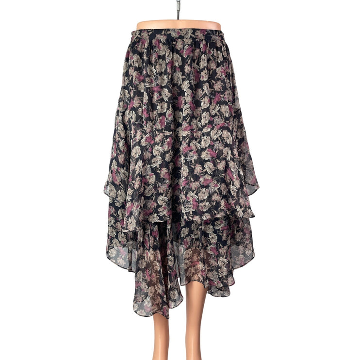 Loveshackfancy Alex Black 100% Silk Floral Tiered High Waist Midi Skirt Size XS