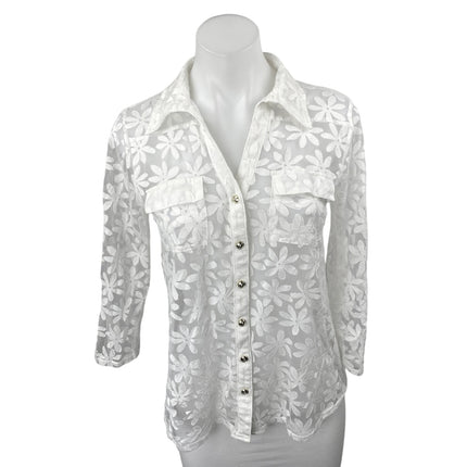 Ember White Floral Chiffon Long Sleeve Button Down Sheer Blouse Shirt Top Size S