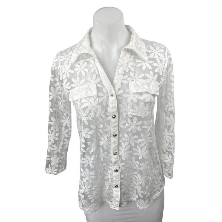 Ember White Floral Chiffon Long Sleeve Button Down Sheer Blouse Shirt Top Size S