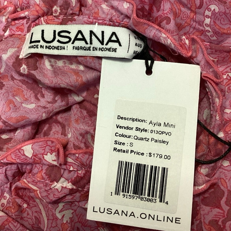 NEW Lusana Ayla Pink Paisley Puff Sleeve Belted Tiered Mini Fit & Flare Dress S