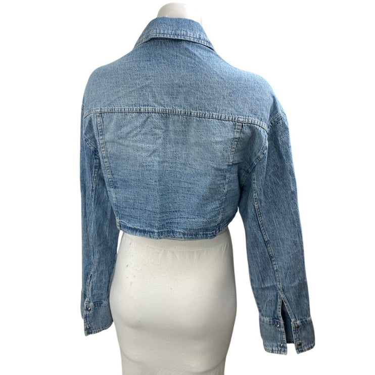 Zara Women's Blue Long Sleeve Pocket Button Up Cropped Denim Jean Jacket Size XS