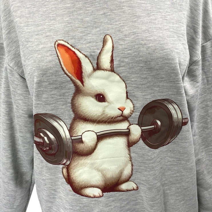 Weightlifting Rabbit Gray Graphic Long Sleeve Crew Neck Sweatshirt Sweater Top S