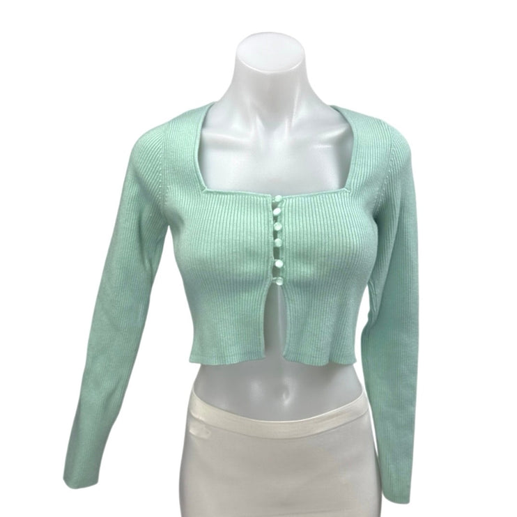 Zara Women's Green Rib Knit Square Neck Long Sleeve Button Crop Sweater Top Sz M