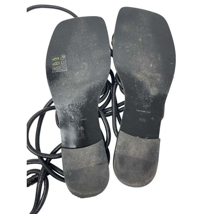 Frame Le Remi Women's Black Leather Straps Lace Up Square Toe Flats Sandals 39.5