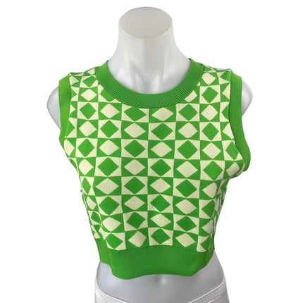 Zara Womens Green Diamond Checkered Sleeveless Knit Crop Sweater Vest Tank Top M