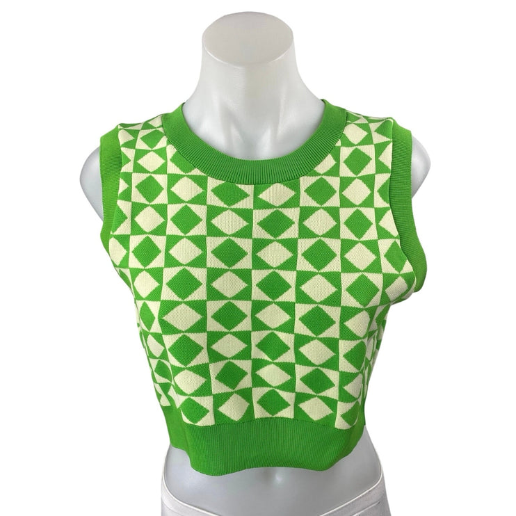 Zara Womens Green Diamond Checkered Sleeveless Knit Crop Sweater Vest Tank Top M