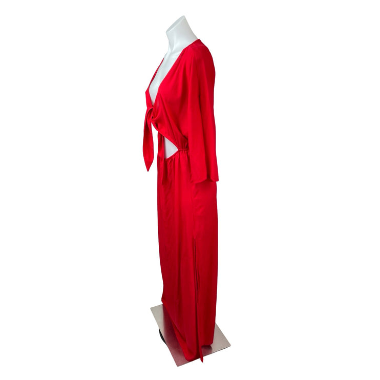 By Anthropologie Red Long Sleeve Wrap Tie Cutout V Neck A Line Maxi Dress Sz XS