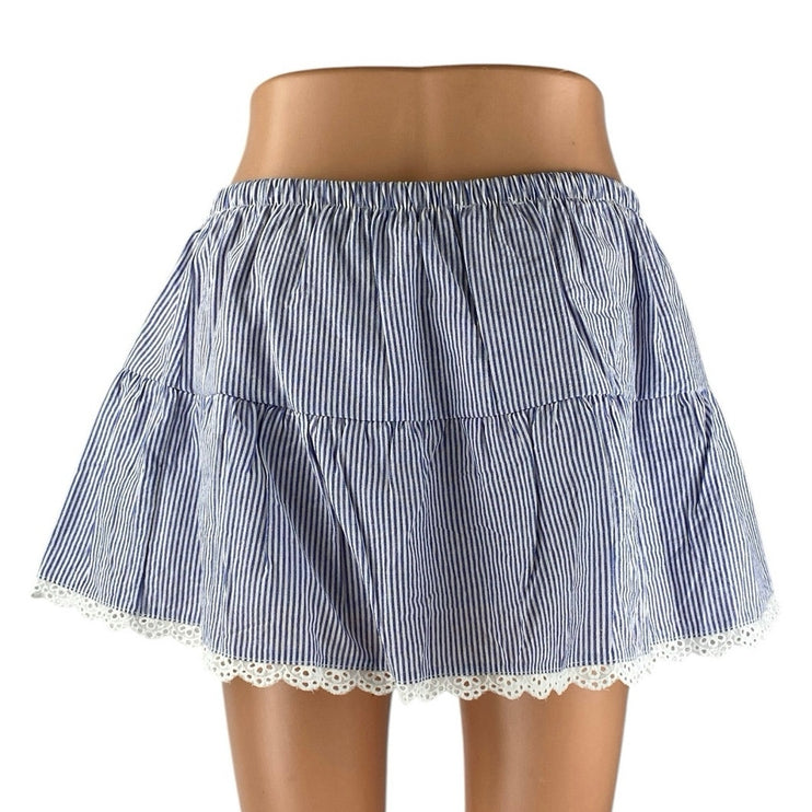 NEW Edikted Blue White Seersucker Striped Tiered Lace A Line Mini Skirt Size M