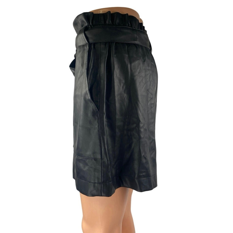 Zara Women's Black High Rise Tie Waist Faux Leather Vegan Paperbag Shorts Size M