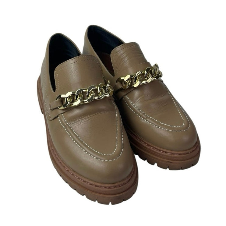 Anthropologie Women's Brown Lug Sole Gold Chain Chunky Platform Loafers Shoes 6