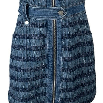 Jason Wu Blue Short Sleeve Striped Full Zip Tweed Denim Jean Shirt Mini Dress XS