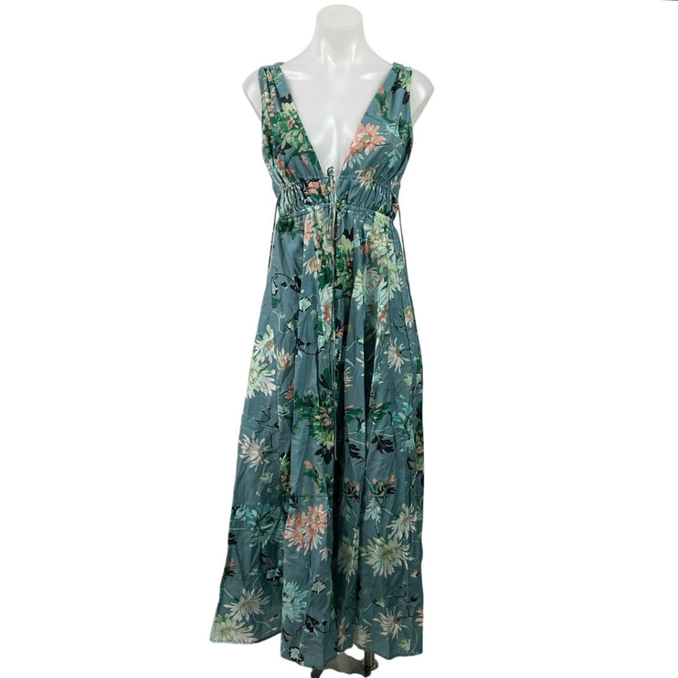 H&M Womens Blue Floral Plunge V Neck Sleeveless Maxi Flared A-Line Tank Dress XS