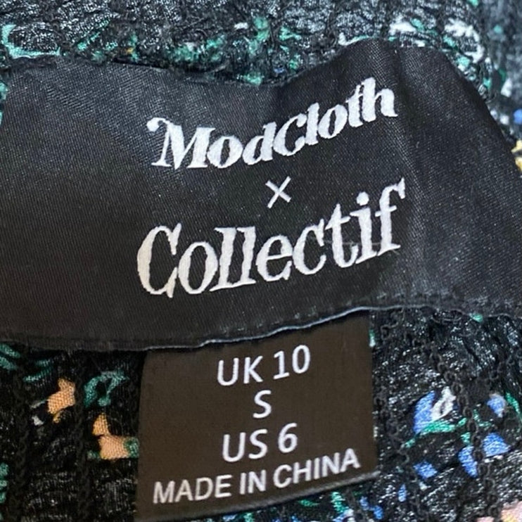 Modcloth x Collectif Black Floral Sleeveless Smocked Cami Tank Crop Top Size 6
