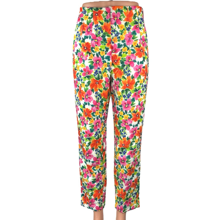 Zara Multicolor Floral Print High Waist Straight Tapered Ankle Trousers Pants M