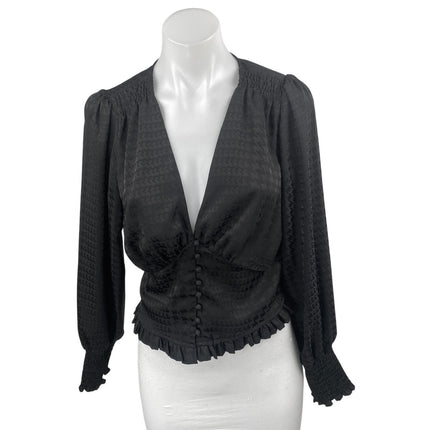 Heartloom Black Long Sleeve Deep V Neck Houndstooth Ruffle Blouse Crop Top Sz M