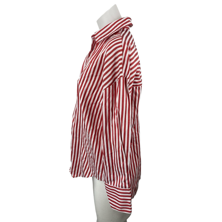 Zara Womens White Red Stripe Collar Long Sleeve Button Down Shirt Blouse Top XS