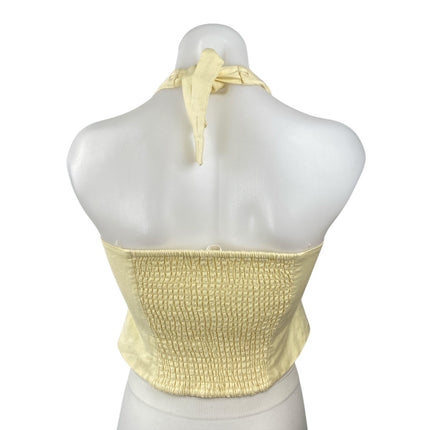 ASTR The Label Yellow Halter Pintucked Smocked Tie Sleeveless Crop Top Size S