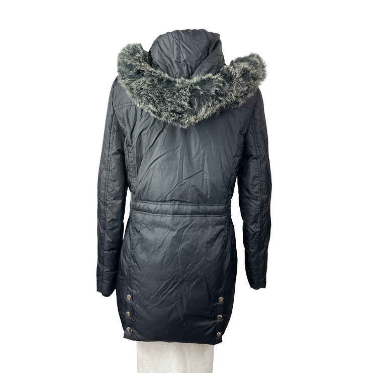 Aqua Black Faux Fur Trim Quilted Long Sleeve Hooded Puffer Parka Coat Jacket XS