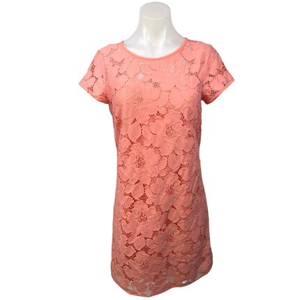 Ann Taylor LOFT Orange Coral Floral Overlay Lace Short Sleeve Mini Shift Dress 4