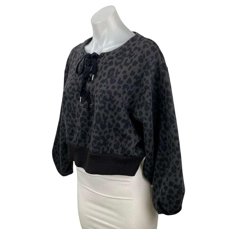 Victoria's Secret Black Leopard Animal Print Lace Up Cropped Sweatshirt Top Sz S