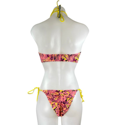 White Fox Swim Pink Floral Sleeveless Halter Two Piece Bandeau Bikini Swimwear M