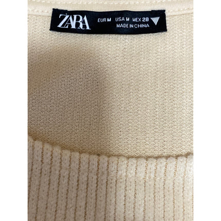 Zara Women's Cream Ribbed Knit Silver Fringe Long Sleeve Sweater Crop Top Size M