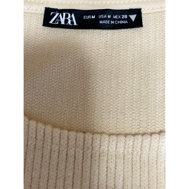 Zara Women's Cream Ribbed Knit Silver Fringe Long Sleeve Sweater Crop Top Size M