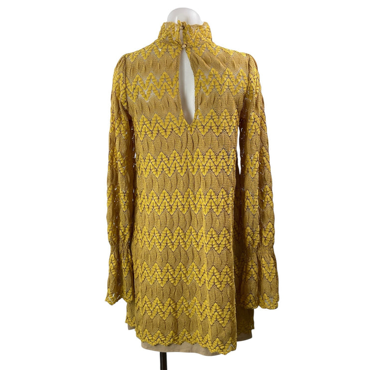 Jockey Mustard Yellow Long Sleeves Crochet Lace Mock Neck Mini Sweater Dress XS