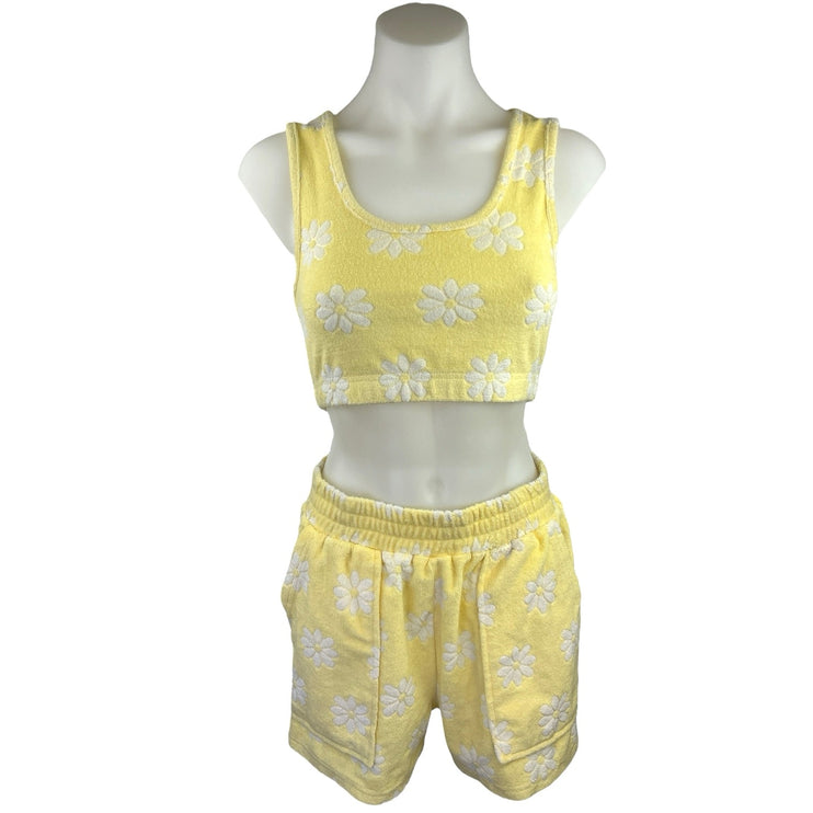 Yllw Yellow Floral Daisy Terry Scoop Neck Crop Top Pull On Shorts 2 Pc Set Sz S