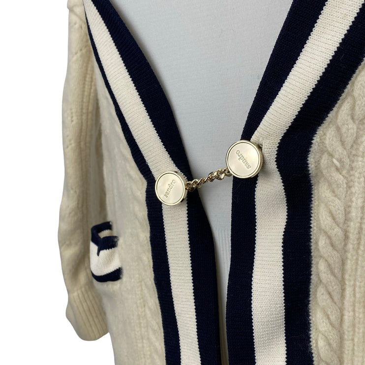 Sandro Womens Cream Black Cable Knit Wool Gold Chain Cardigan Sweater Top Size 0