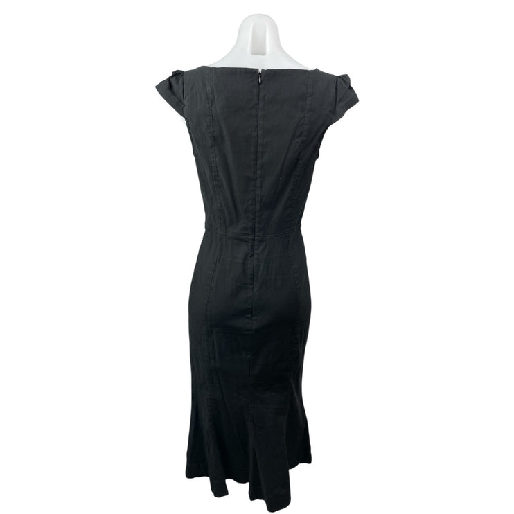 Anthropologie The Cecily Black Linen Sweetheart Cap Sleeve Midi Flare Dress Sz S