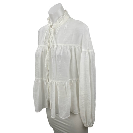 Zara Women's White Long Sleeve Ruffle Mock Neck Tiered Tie Blouse Top Size S