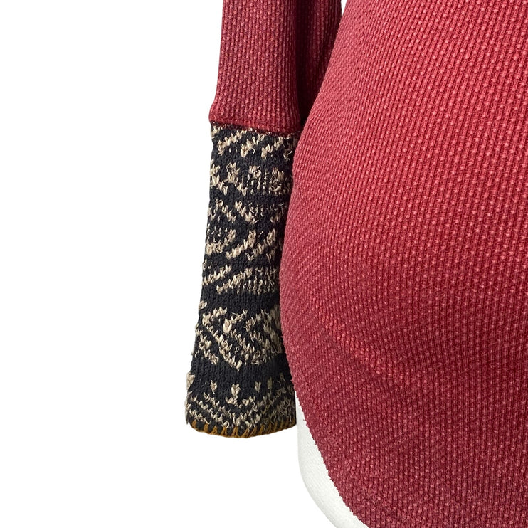 Free People Alpine Cuff Red Long Sleeve Henley Waffle Knit Thermal Sweater Top M