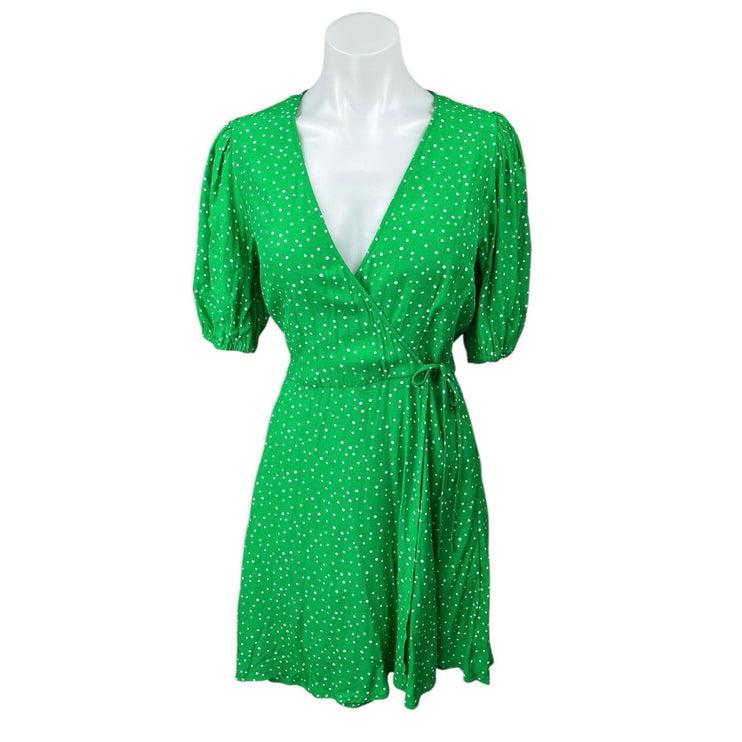 A New Day Green White Polka Dot Half Sleeve V Neck A Line Mini Wrap Dress Size S