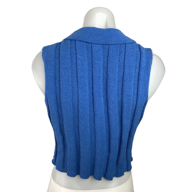 Zara Blue Collared Button Up Sleeveless V Neck Cozy Ribbed Knit Crop Top Size M