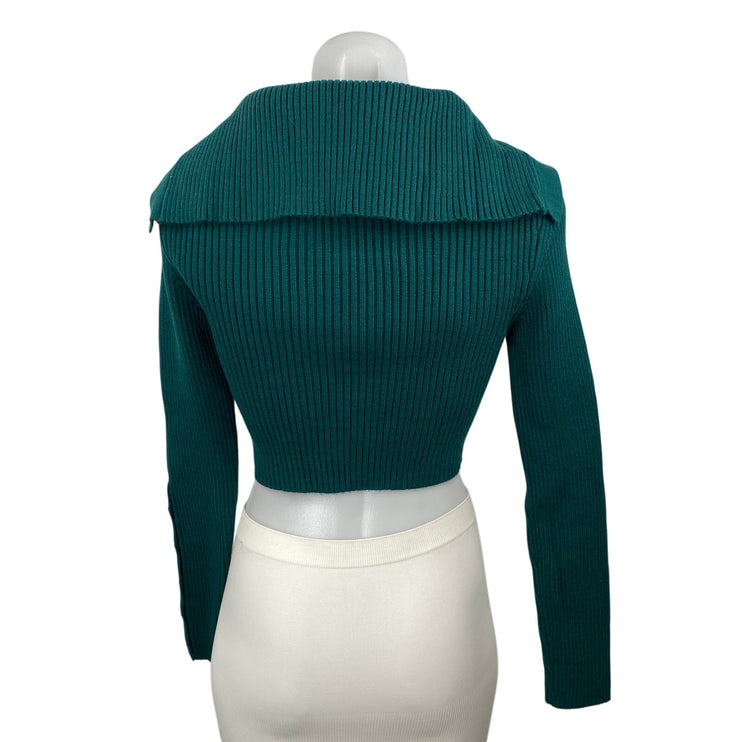 Zara Women's Teal Blue Ribbed Knit Long Sleeve Henley Sweater Crop Top Size S