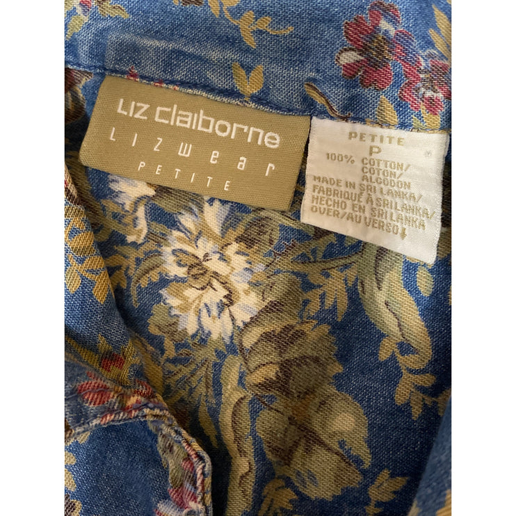 Liz Claiborne Women's Blue Floral Long Sleeve Button Up Cropped Shirt Top Size S