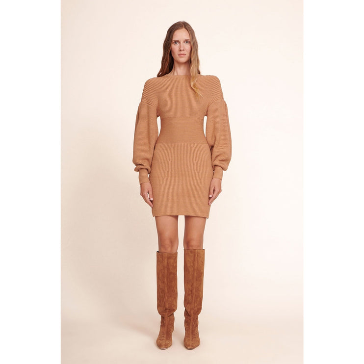 STAUD Marylebone Brown Tan Balloon Long Sleeve Knit Mini Bodycon Sweater Dress M