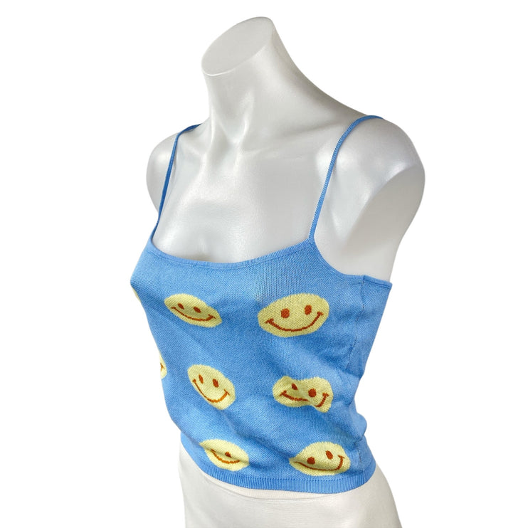 Baevely Womens Blue Smiley Print Sleeveless Cami Camisole Crop Tank Top Size S