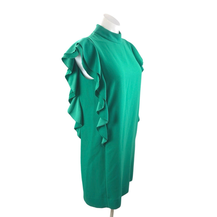 Kate Spade Satin Crepe Green Mock Neck Ruffle Flutter Sleeve Mini Shift Dress 6