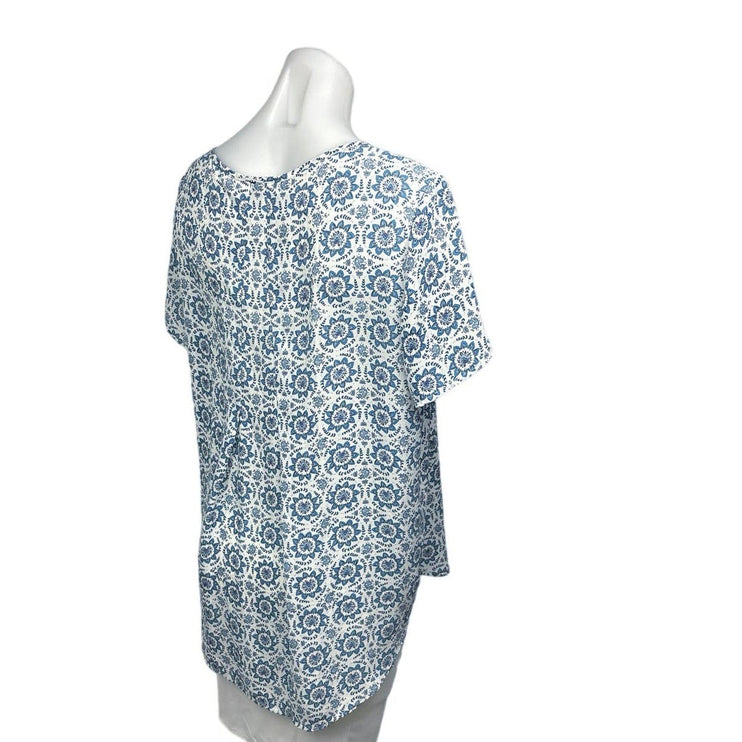 Premise White Blue Paisley Floral Print Crew neck Short Sleeve Blouse Top Size L